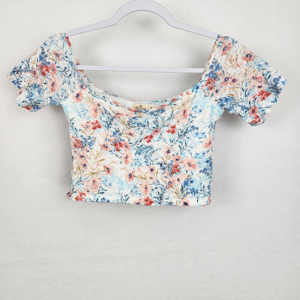 Hollister Off The Shoulder Floral Crop Top Size M White Blue Red Pink Floral